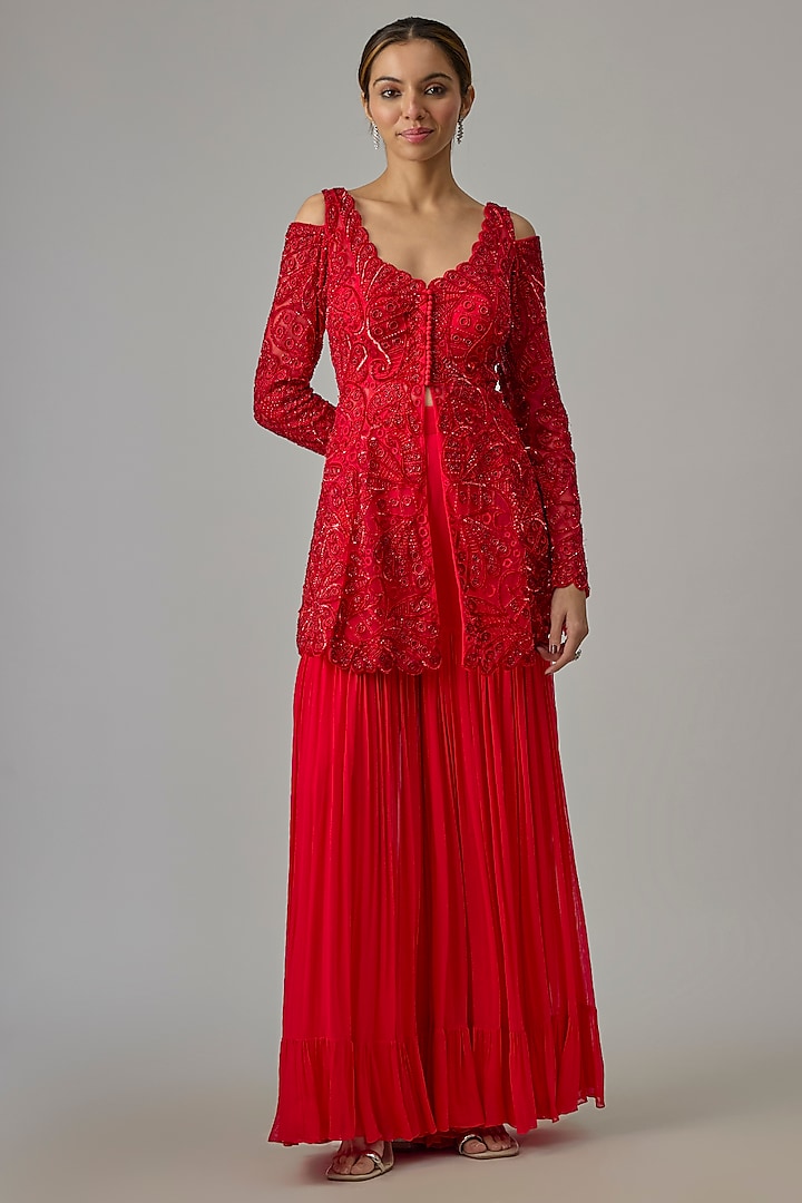 Red Net & Georgette Wedding Sharara Set by Dinesh Malkani at Pernia's Pop Up Shop