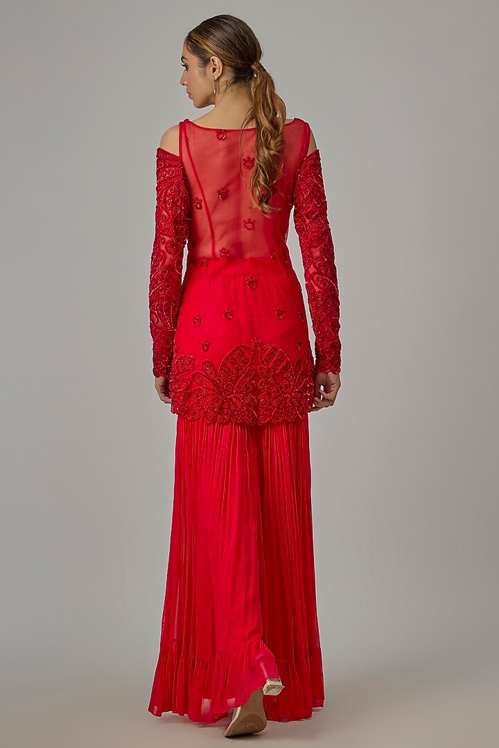 Red Net & Georgette Wedding Sharara Set by Dinesh Malkani at Pernia's Pop Up Shop