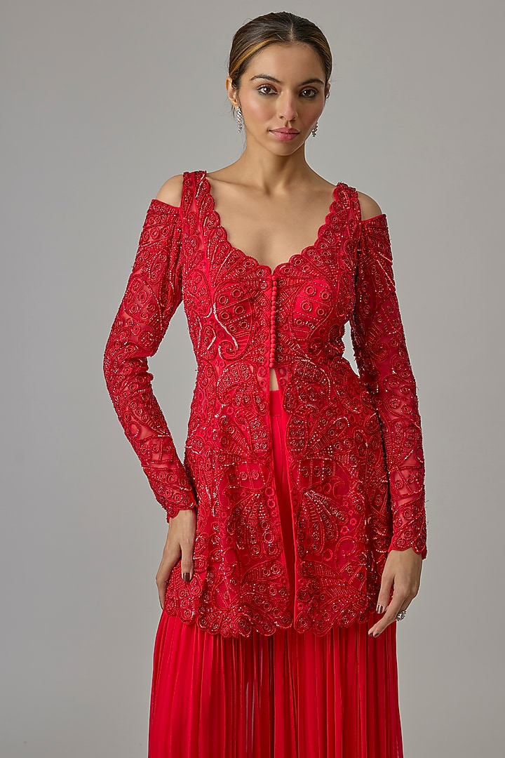 Red Net & Georgette Wedding Sharara Set by Dinesh Malkani at Pernia's Pop Up Shop
