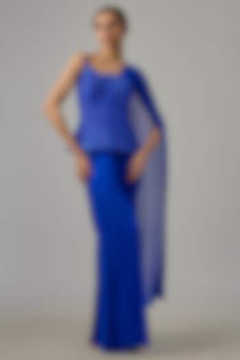 Indigo Lycra Draped Wedding Saree Set by Dinesh Malkani at Pernia's Pop Up Shop