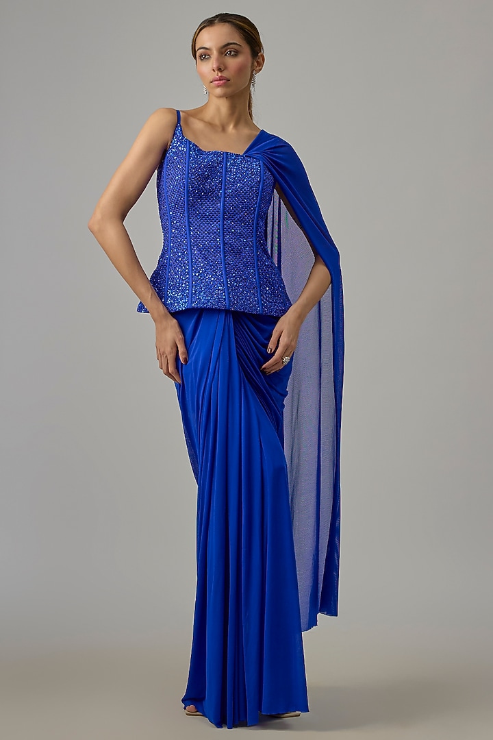 Indigo Lycra Draped Wedding Saree Set by Dinesh Malkani at Pernia's Pop Up Shop