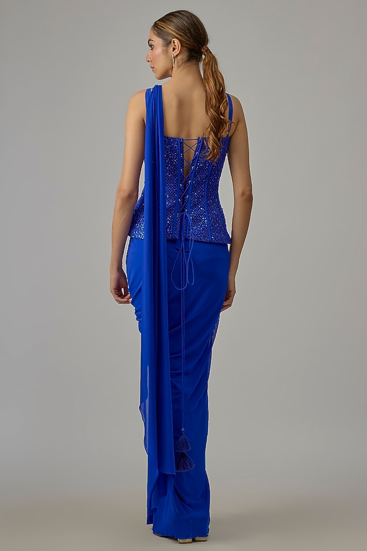 Indigo Lycra Draped Wedding Saree Set by Dinesh Malkani at Pernia's Pop Up Shop