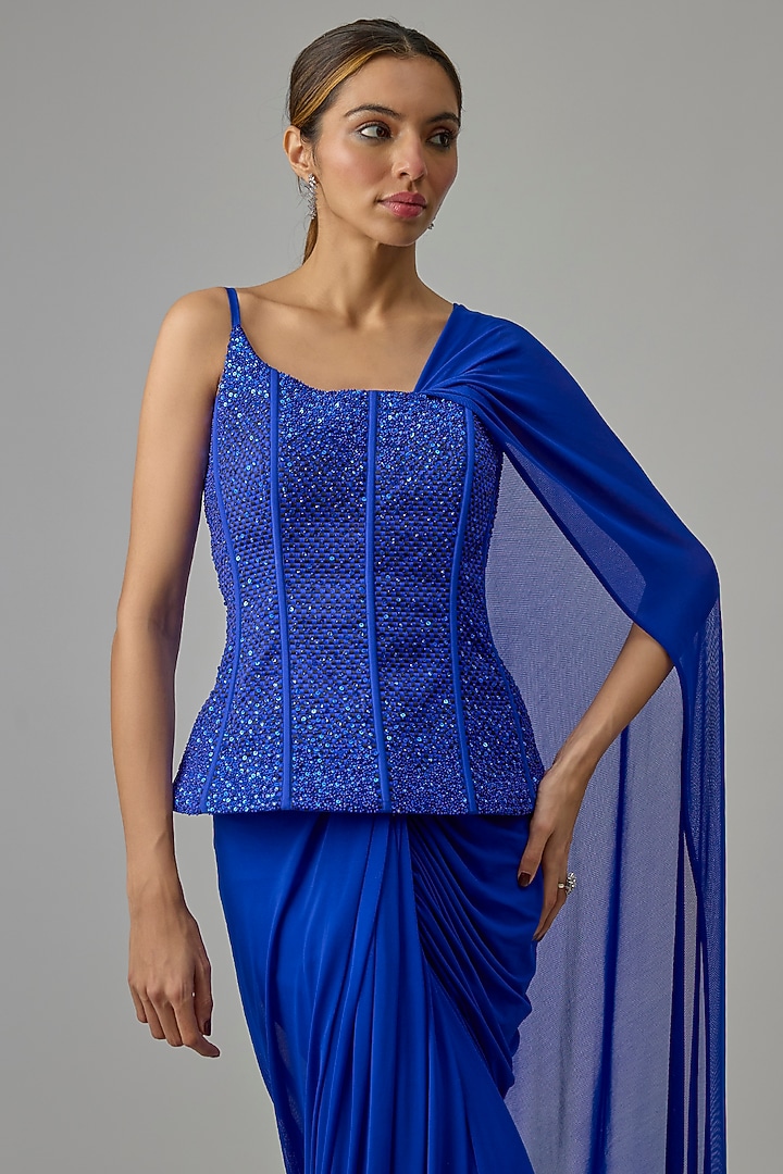 Indigo Lycra Draped Wedding Saree Set by Dinesh Malkani at Pernia's Pop Up Shop