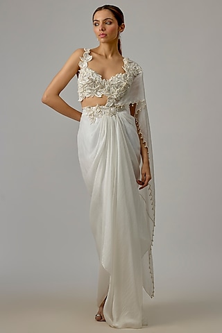 Ivory Georgette Draped Saree Set by Dinesh Malkani