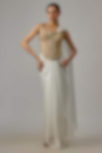 Ivory Silk Draped Wedding Saree Set by Dinesh Malkani at Pernia's Pop Up Shop