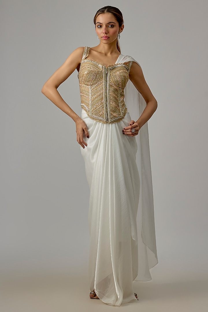 Ivory Silk Draped Wedding Saree Set by Dinesh Malkani at Pernia's Pop Up Shop