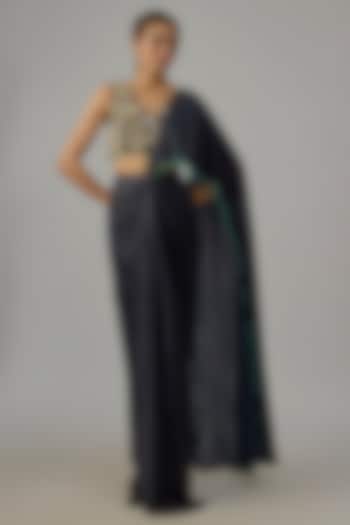 Blue Modal Draped Wedding Saree Set by Dinesh Malkani at Pernia's Pop Up Shop