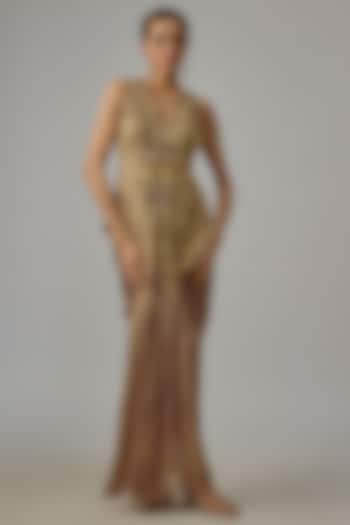 Gold Georgette Skirt Set by Dinesh Malkani at Pernia's Pop Up Shop