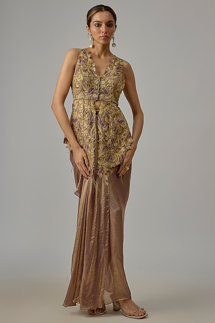 Gold Georgette Skirt Set by Dinesh Malkani at Pernia's Pop Up Shop