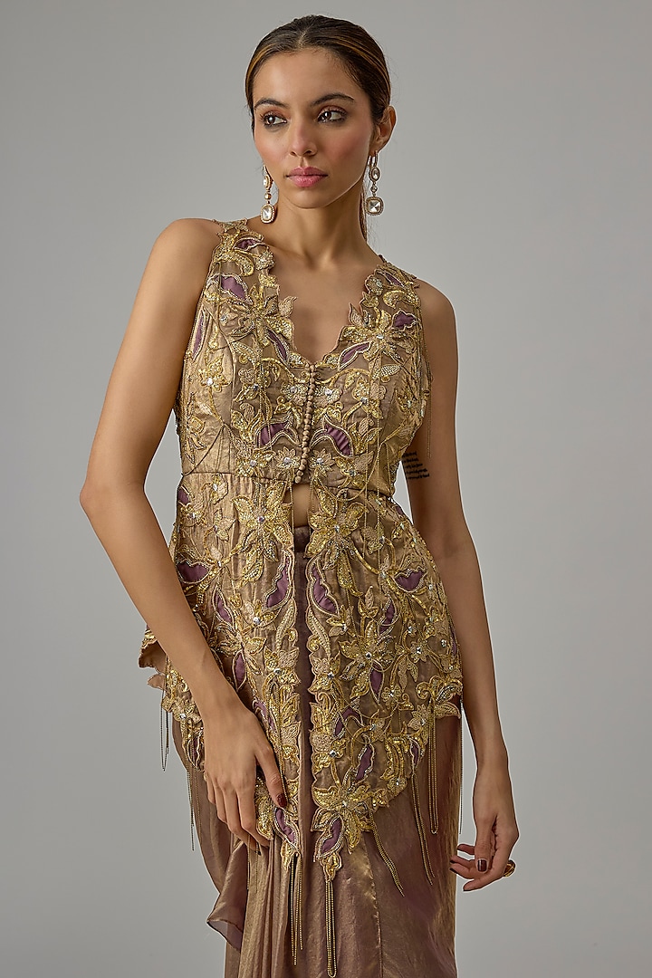 Gold Georgette Skirt Set by Dinesh Malkani at Pernia's Pop Up Shop