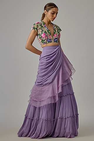 Purple Net & Georgette Draped Pant Saree Set by Dinesh Malkani
