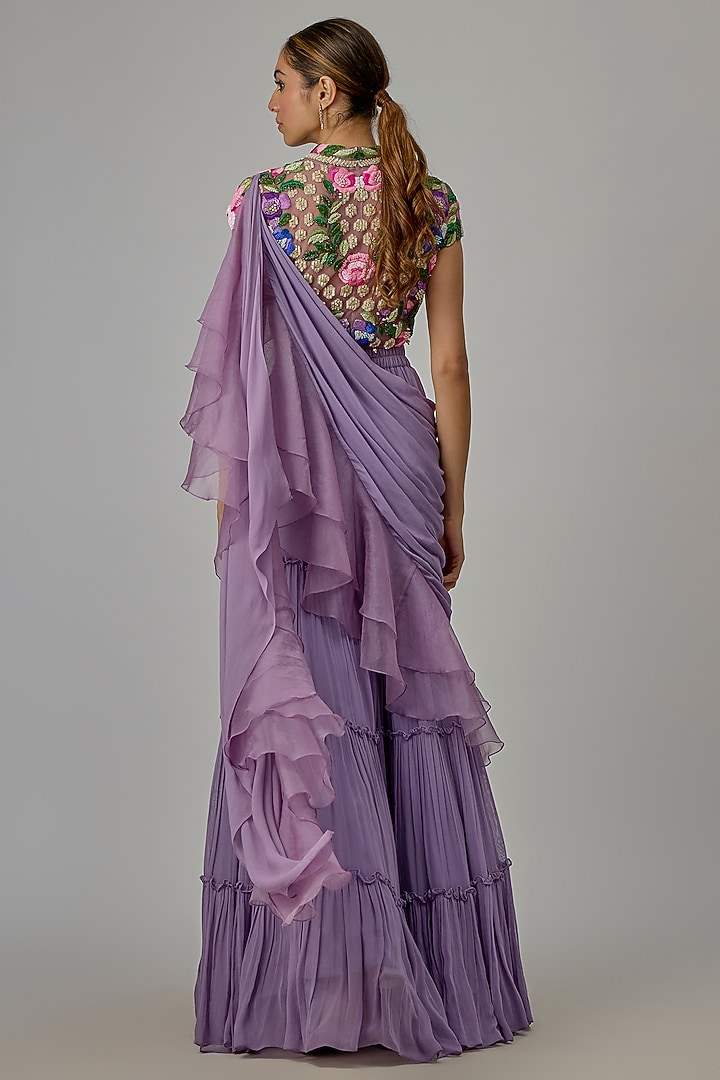 Purple Net & Georgette Draped Pant Wedding Saree Set by Dinesh Malkani at Pernia's Pop Up Shop
