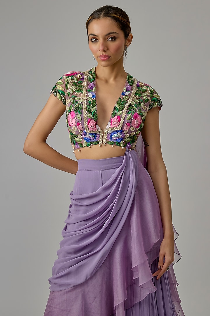 Purple Net & Georgette Draped Pant Wedding Saree Set by Dinesh Malkani at Pernia's Pop Up Shop