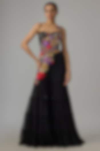 Black Georgette Hand Embroidered Pant Wedding Saree Set by Dinesh Malkani at Pernia's Pop Up Shop