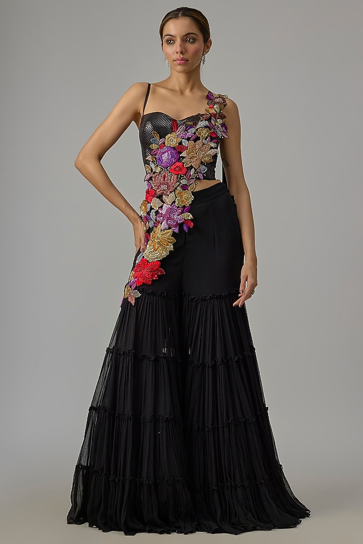 Black Georgette Hand Embroidered Pant Wedding Saree Set by Dinesh Malkani at Pernia's Pop Up Shop