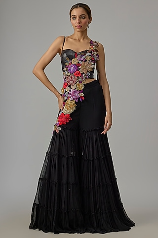 Black Georgette Hand Embroidered Pant Saree Set by Dinesh Malkani