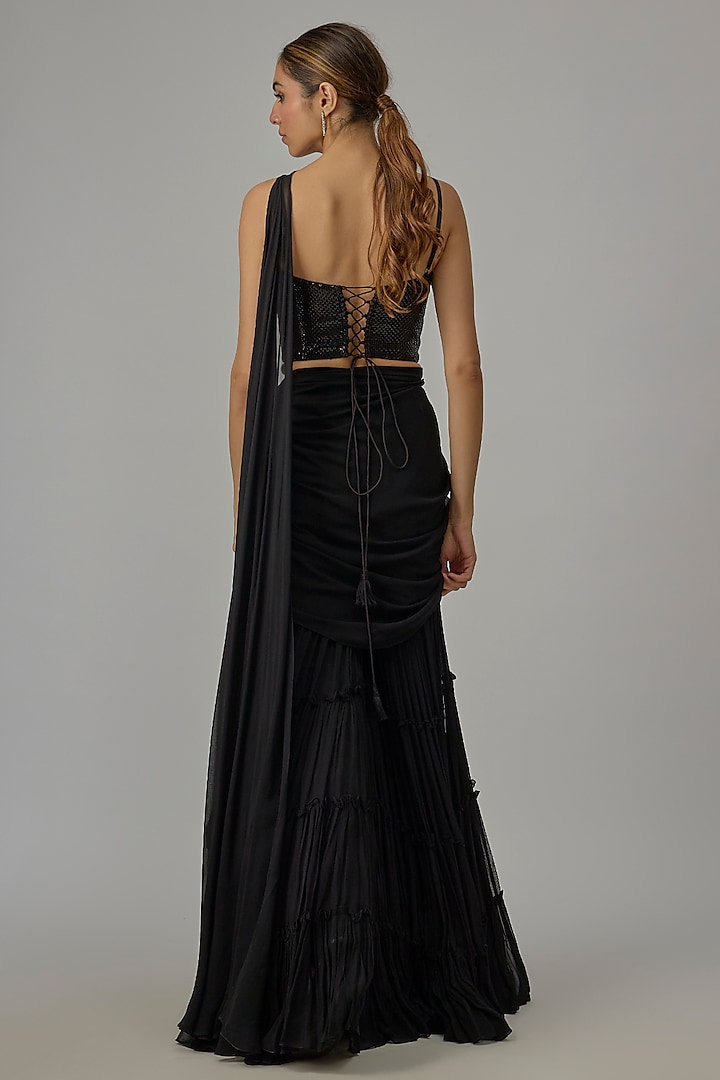 Black Georgette Hand Embroidered Pant Wedding Saree Set by Dinesh Malkani at Pernia's Pop Up Shop