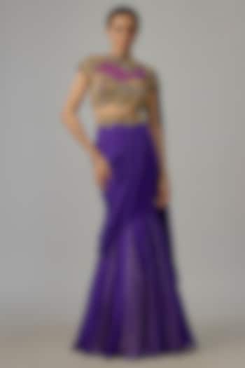 Purple Georgette Hand Embroidered Draped Skirt Wedding Saree Set by Dinesh Malkani at Pernia's Pop Up Shop