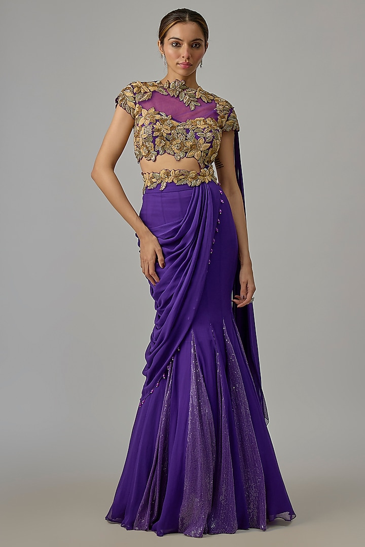 Purple Georgette Hand Embroidered Draped Skirt Wedding Saree Set by Dinesh Malkani at Pernia's Pop Up Shop