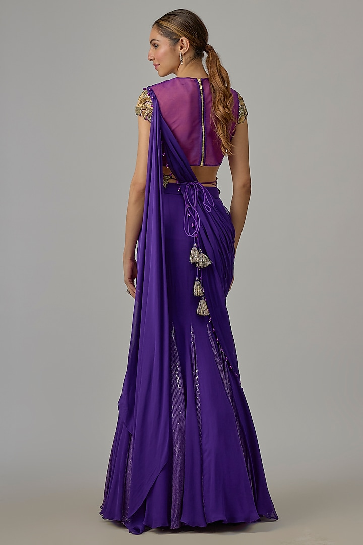 Purple Georgette Hand Embroidered Draped Skirt Wedding Saree Set by Dinesh Malkani at Pernia's Pop Up Shop