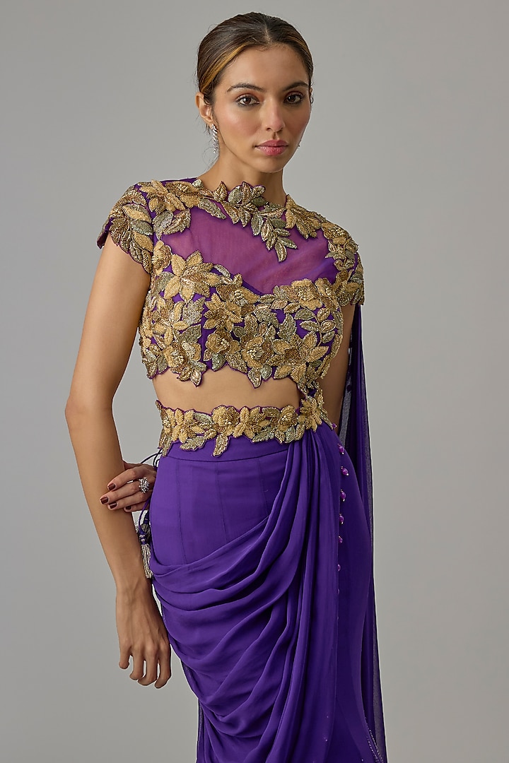 Purple Georgette Hand Embroidered Draped Skirt Wedding Saree Set by Dinesh Malkani at Pernia's Pop Up Shop