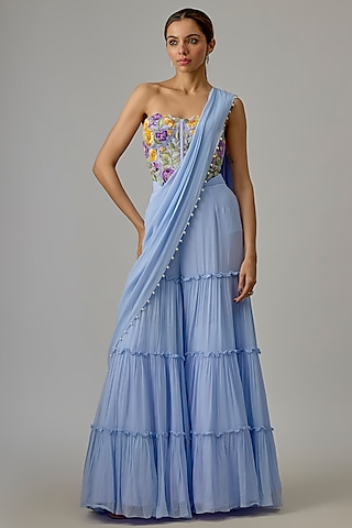 Lavender Georgette Pant Saree Set by Dinesh Malkani