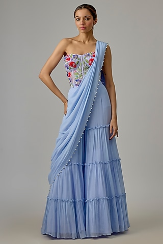 Lavender Georgette Pant Saree Set by Dinesh Malkani