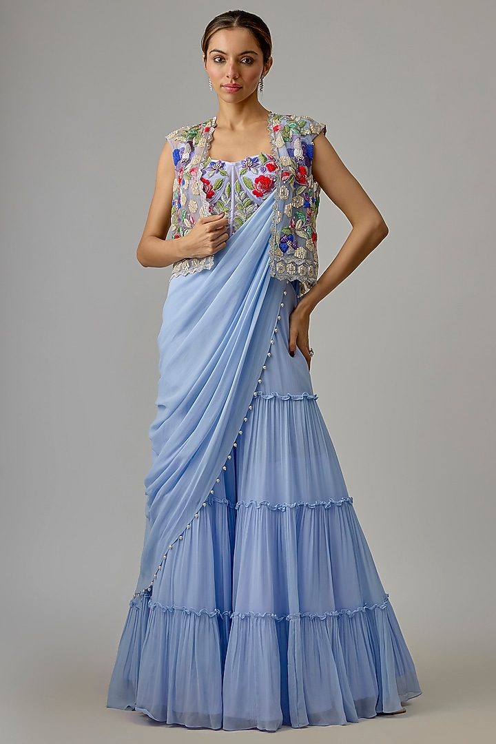 Lavender Georgette Pant Wedding Saree Set by Dinesh Malkani at Pernia's Pop Up Shop