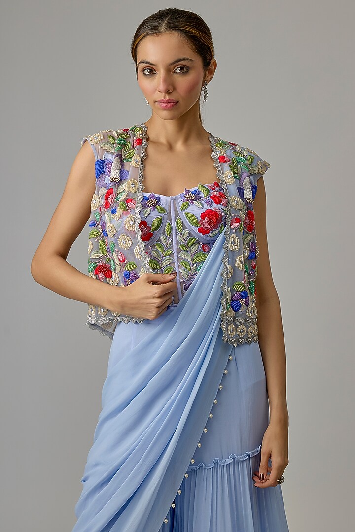 Lavender Georgette Pant Wedding Saree Set by Dinesh Malkani at Pernia's Pop Up Shop