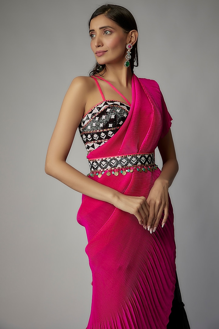 Black Viscose Georgette Pant Wedding Saree Set by Dinesh Malkani at Pernia's Pop Up Shop