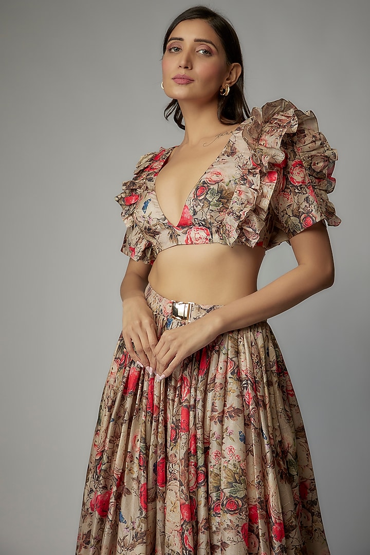 Beige Art Silk Printed Skirt Set by Dinesh Malkani at Pernia's Pop Up Shop
