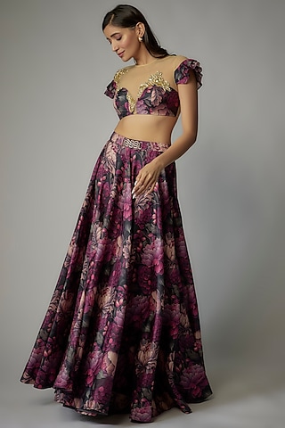 Purple Art Silk Printed Skirt Set by Dinesh Malkani