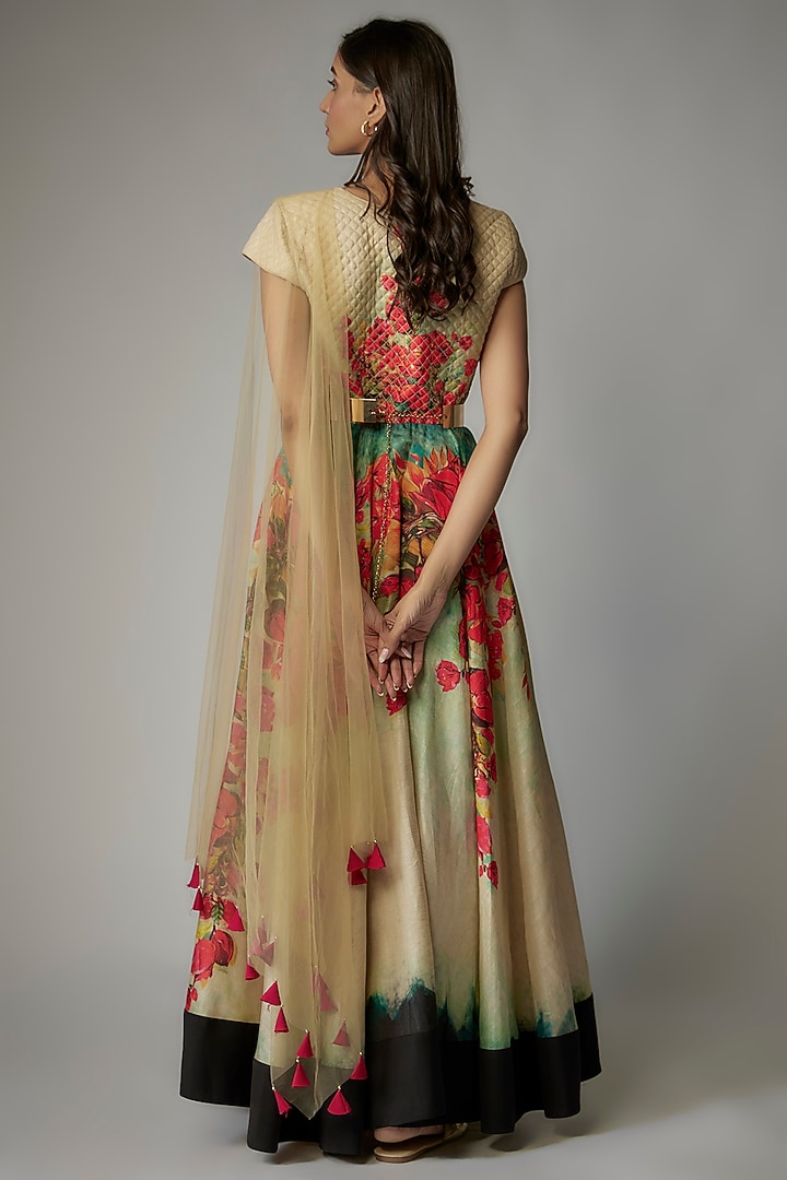 Beige Art Silk Printed Engagement Gown by Dinesh Malkani at Pernia's Pop Up Shop
