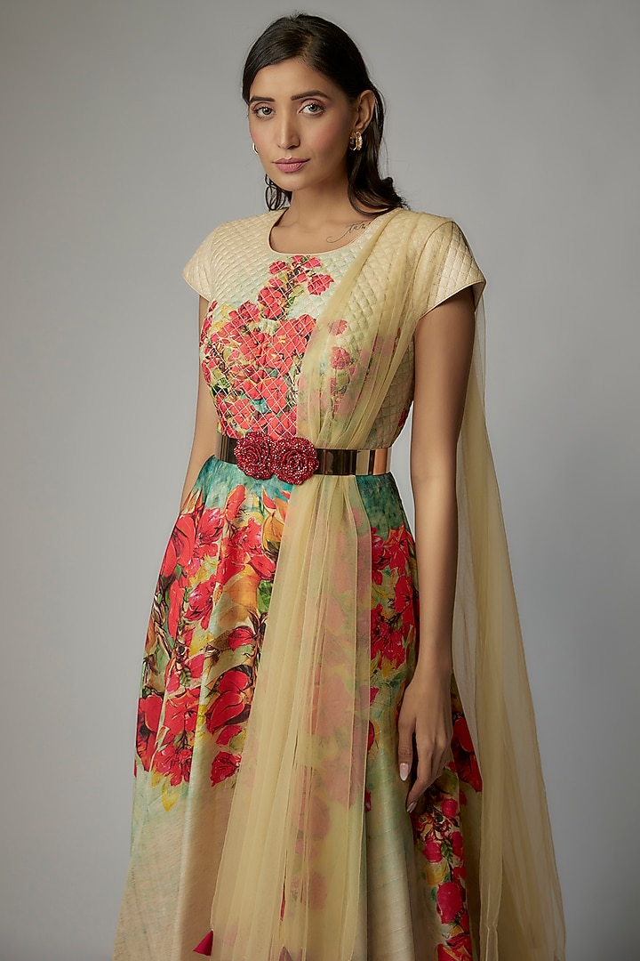 Beige Art Silk Printed Engagement Gown by Dinesh Malkani at Pernia's Pop Up Shop
