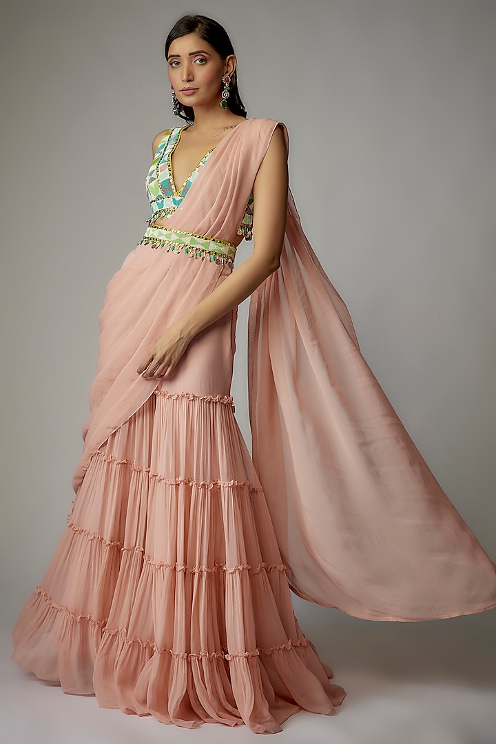 Peach Georgette Pant Saree Set by Dinesh Malkani