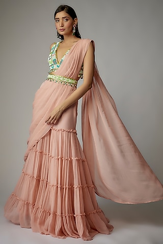 Peach Georgette Pant Saree Set by Dinesh Malkani