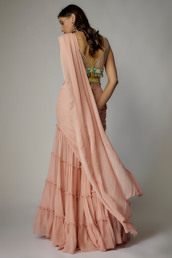 Peach Georgette Pant Wedding Saree Set by Dinesh Malkani at Pernia's Pop Up Shop