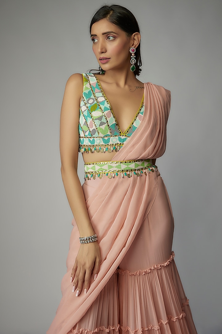 Peach Georgette Pant Wedding Saree Set by Dinesh Malkani at Pernia's Pop Up Shop
