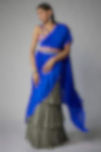 Electric Blue Georgette Skirt Wedding Saree Set by Dinesh Malkani at Pernia's Pop Up Shop