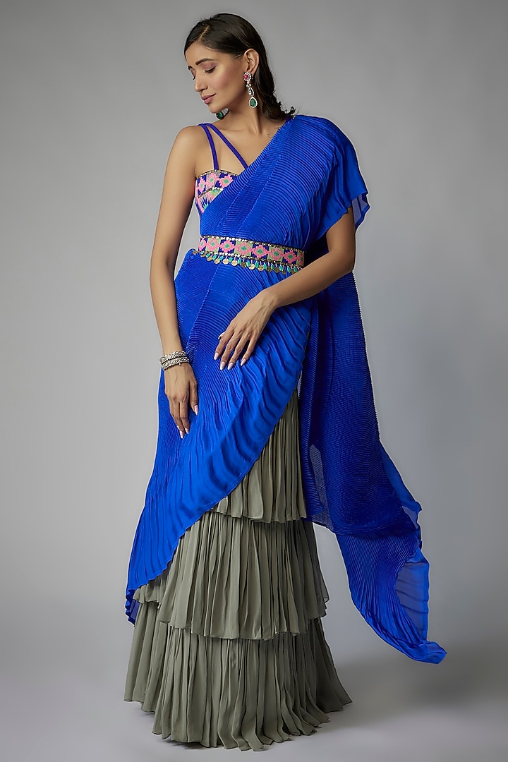 Electric Blue Georgette Skirt Wedding Saree Set by Dinesh Malkani at Pernia's Pop Up Shop