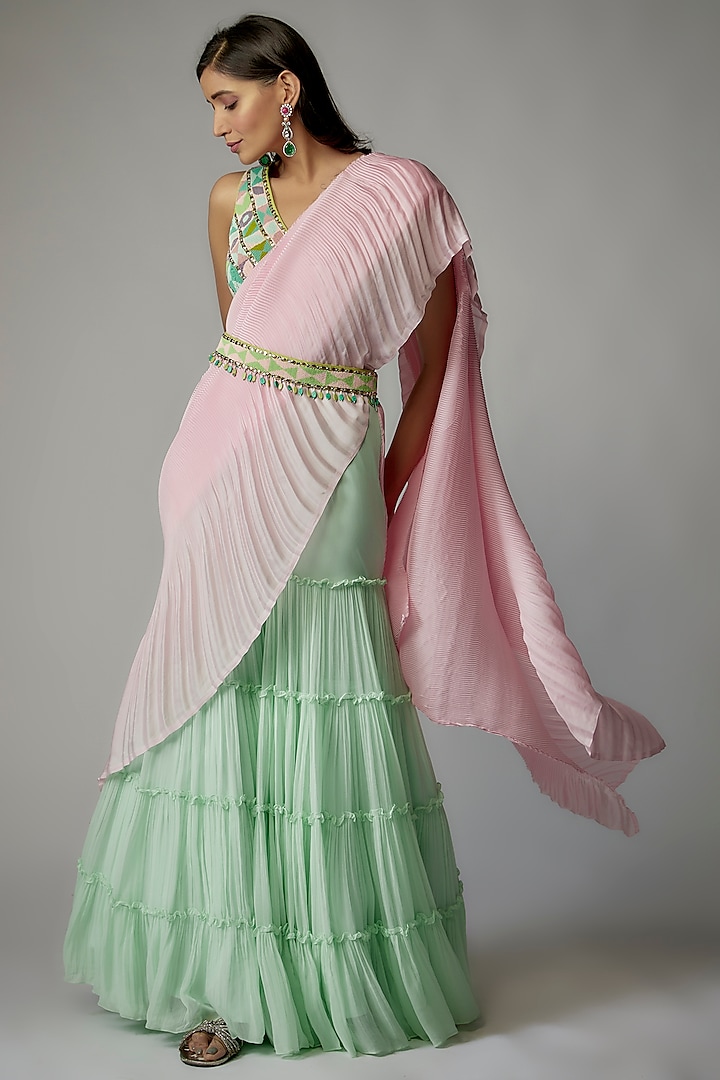 Sea Green Georgette Ruched Pant Saree Set by Dinesh Malkani at Pernia's Pop Up Shop