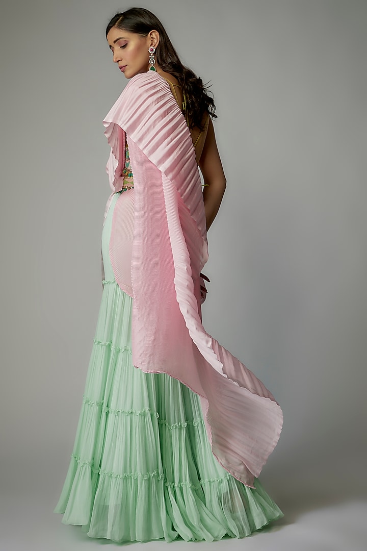 Sea Green Georgette Ruched Pant Wedding Saree Set by Dinesh Malkani at Pernia's Pop Up Shop