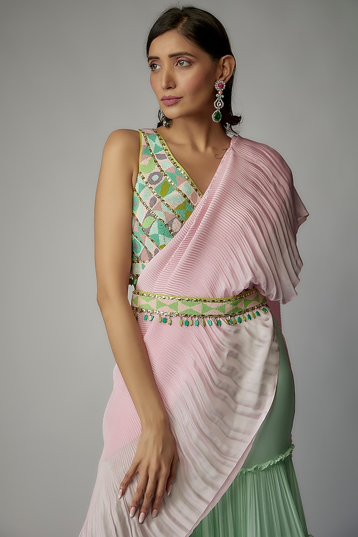 Sea Green Georgette Ruched Pant Wedding Saree Set by Dinesh Malkani at Pernia's Pop Up Shop