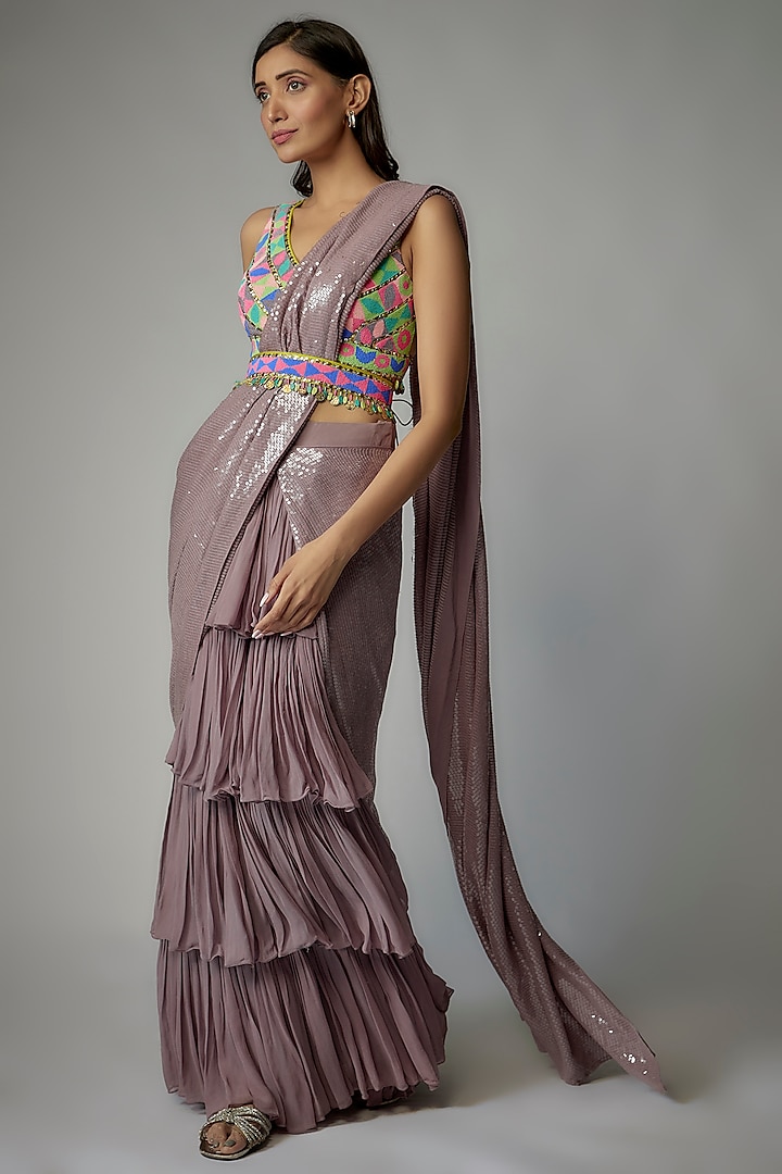 Grey Georgette Sequins Embroidered Skirt Saree Set by Dinesh Malkani