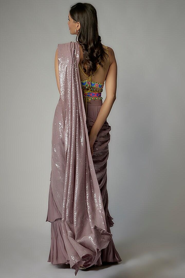 Grey Georgette Sequins Embroidered Skirt Wedding Saree Set by Dinesh Malkani at Pernia's Pop Up Shop