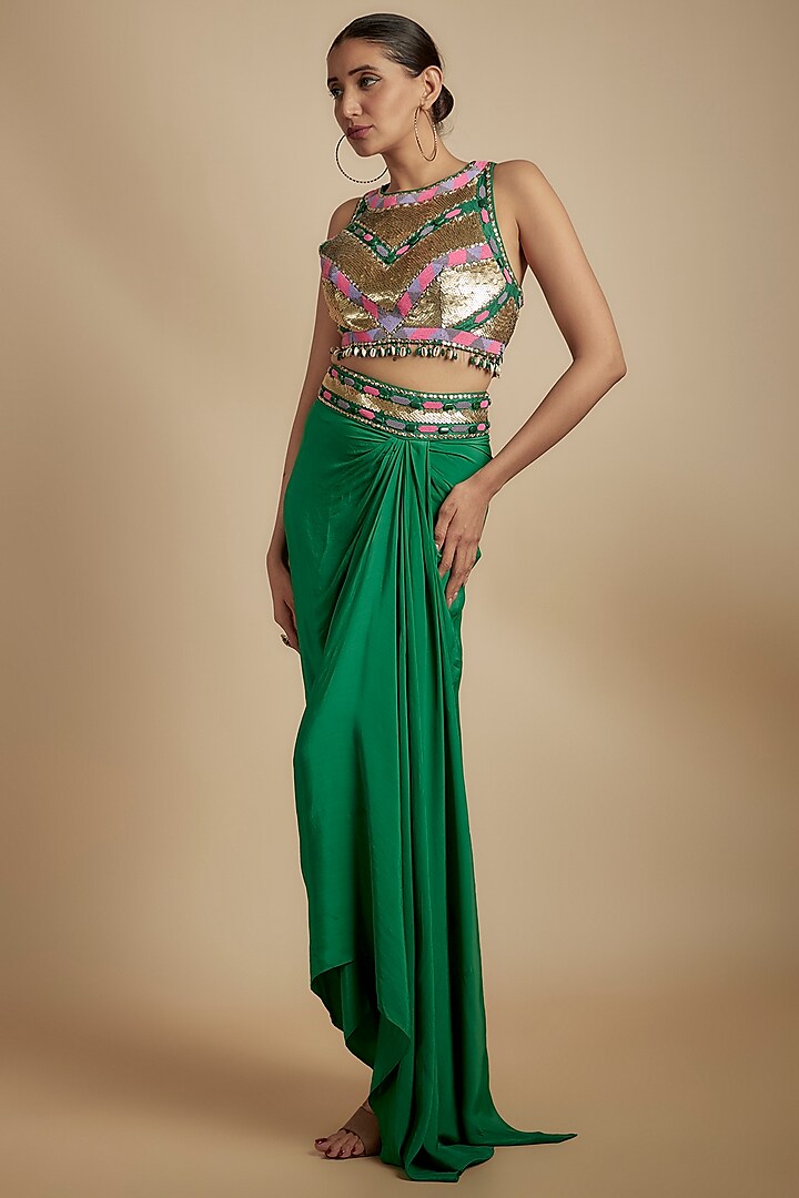 Emerald Green Crepe Sequins & Bead Embroidered Skirt Set by Dinesh Malkani
