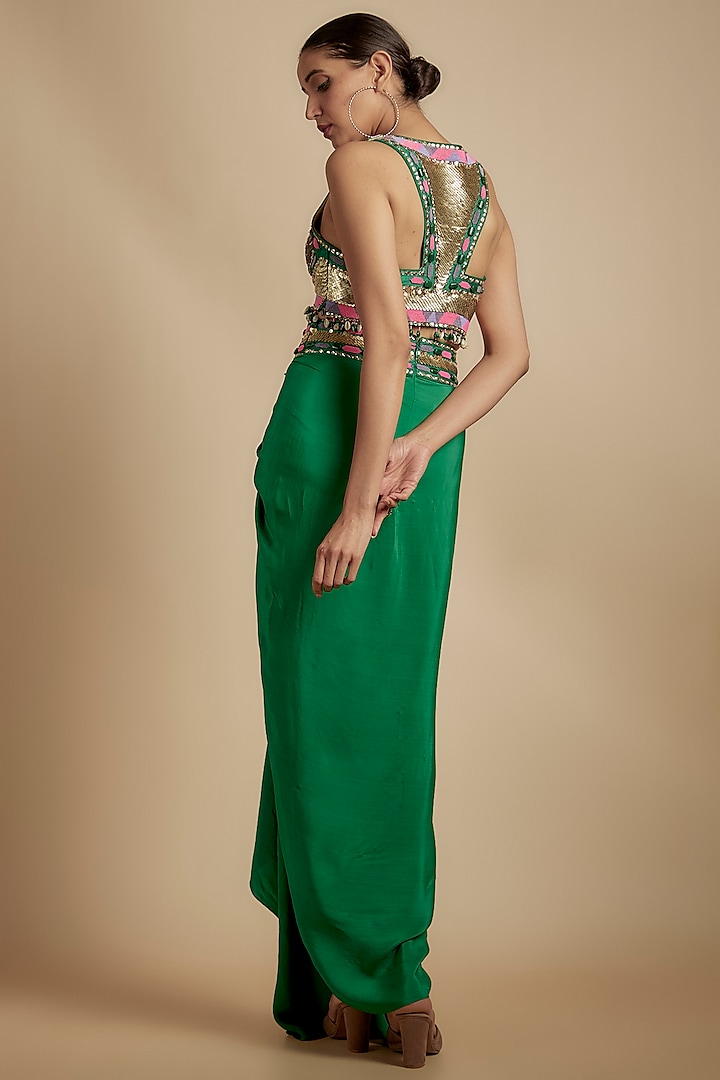Emerald Green Crepe Sequins & Bead Embroidered Skirt Set by Dinesh Malkani at Pernia's Pop Up Shop