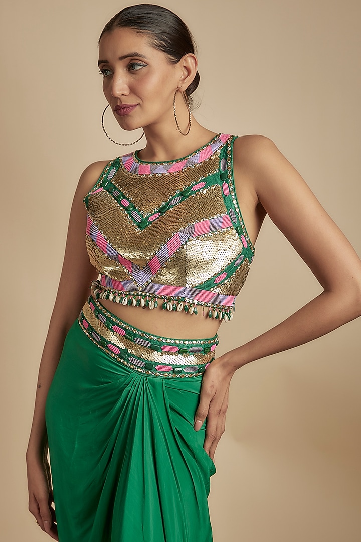 Emerald Green Crepe Sequins & Bead Embroidered Skirt Set by Dinesh Malkani at Pernia's Pop Up Shop