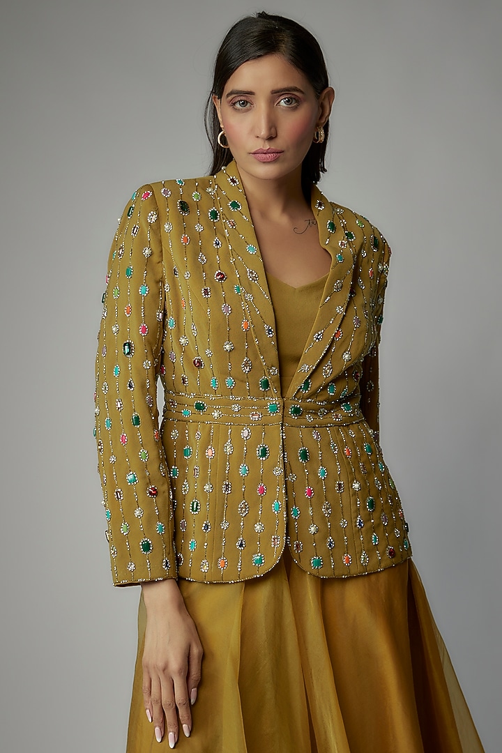 Mustard Organza Jacket Set by Dinesh Malkani at Pernia's Pop Up Shop