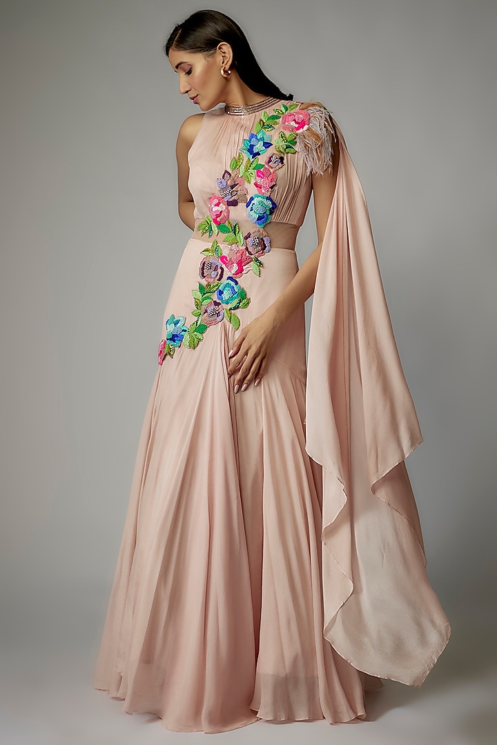 Peach Georgette Gown Saree by Dinesh Malkani